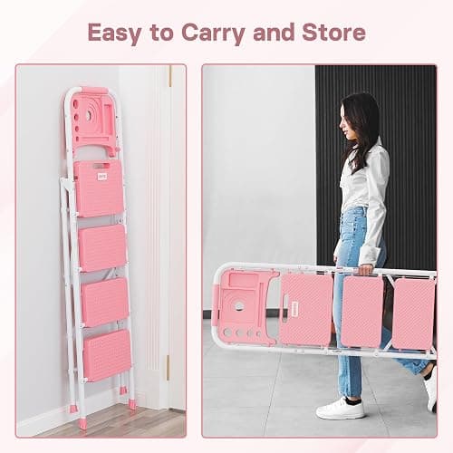 BONTEC 4-Step Ladder, Folding Step Stool, 600lbs Max Load, Pink | Tool Tray, Anti-Slip Pedals, Sturdy Steel, Lightweight Portable Design with Handrail for Home & Work Use thumbnail 8