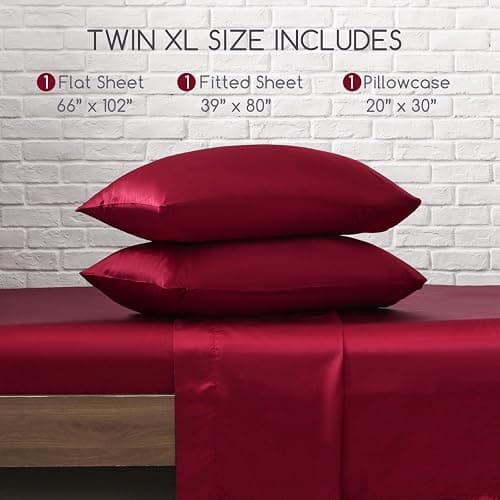 MR&HM Satin Bed Sheets, Twin XL Size Sheets Set, 3 Pcs Silky Bedding Set with 15 Inches Deep Pocket for Mattress (Twin XL, Burgundy) thumbnail 7