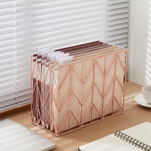 Y YOMA Hanging File Organizer, Letter Size Rose Gold Metal Desk File Crate Storage Basket for Home Office, 1 Pack, with Coco Mocha Standard + Extra Capacity Hanging Folder Set thumbnail 2