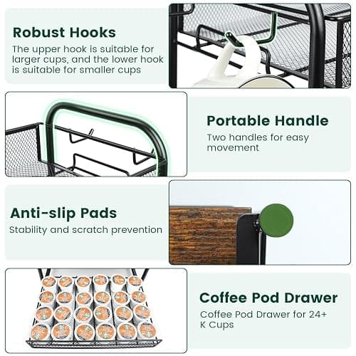 Coffee Bar Organizer, Station Mug Holder for Countertop, Multi-Functional 3 Tier Coffee Cup Tree Rack for Kitchen, Storage Shelf with 10 Hooks, K Cup Pod Drawer for Home Office thumbnail 4