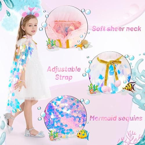 LIMIROLER Princess Dress Up Toys Princess Dress Up Clothes Rainbow Mermaid Cape Kit 9 Pcs Gift Set for Little Girls 3-8 Years thumbnail 3