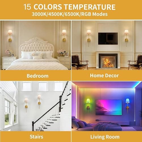 Cyaruy Battery Operated Wall Sconce Set of 2, Gold Rechargeable Wireless Wall Lights with Remote - 5000mAh Dimmable RGB Bulbs | 15 Color, Cordless Wall Lamps for Bedroom, Living Room, Hallway Decor thumbnail 7
