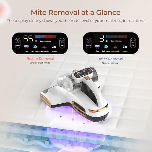 JIGOO Mattress Vacuum Cleaner with UV-C Light, 15Kpa Suction 700W Powerful Double-Cup Handheld Vacuums, Bed Cleaner with Smart Dust Sensor, Ultrasonic, Heating Tech, MIF Filter, T600, White thumbnail 4