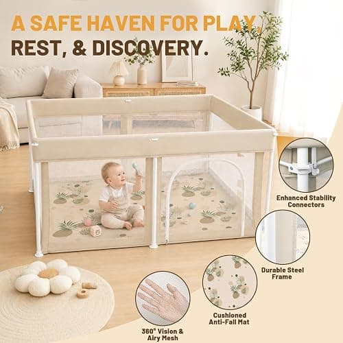 Foldable Baby Playpen with 4 Handle Rings, 30 Ocean Balls, Net Basket and Mat, 50"x50" Portable Collapsible Play Yard for Indoor and Outdoor Use thumbnail 7