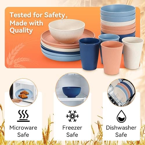 Wheat Straw Dinnerware Sets,64-Piece Plates and Bowls Sets for 8-Unbreakable,Reusable Plastic Dish Set-Dinner Plate/Dessert Plate/Cereal Bowl/Cup/Utensils-Microwavable Dishwasher Safe 64P-Deep Blue thumbnail 3