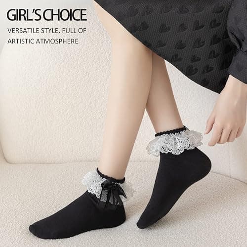 AMHRLINGTO Lace Ruffle Frilly Socks for Women - Lace Ankle Socks with Bow thumbnail 5