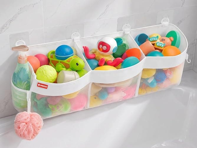 UNEEDE 4.95 Gallons 3 Compartment Horizontal Bath Toy Storage | Extra Large Capacity,Mesh Quick Dry Bathtub Storage and Organizer,Easy Access Baby Bath Toy Holder Shower Caddy - Image 1