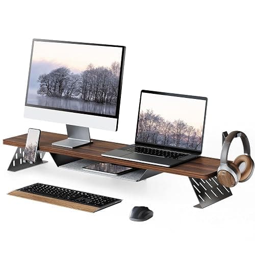 Fenge Dual Monitor Stand, Wooden Desk Shelf with Headphone & Phone Holder | 42.5" Monitor Riser with Storage Shelf, 2-Tier Monitor Shelf with Metal Leg for Home Office Organizer, Brown - Image 1