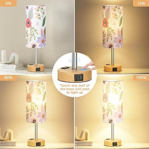 Fenmzee Floral Touch Lamp for Bedroom- 3 Way Dimmable Bedside Lamp USB C A Charging Ports and AC Outlet, Small Table Lamp Floral Linen Lampshade for Gift, LED Bulb Included thumbnail 2