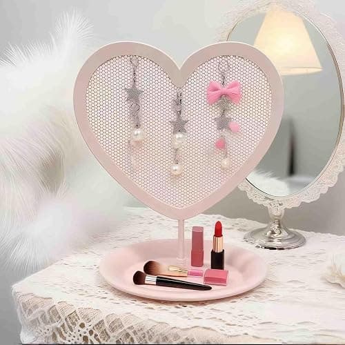 Parlor Boudoir Heart Shaped Jewelry Organizer Stand Pink Metal Earring Holder for Girls with Tray Storage for Rings & Bracelets Cute Vanity Jewelry Display and Room Decor Aesthetic for Teen Girls thumbnail 7