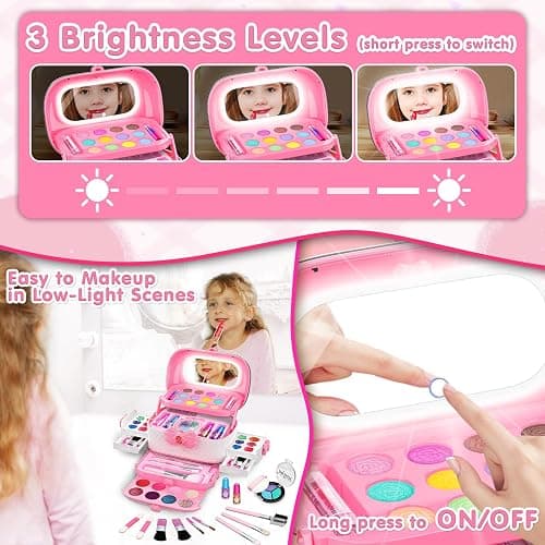 58Pcs Kids Makeup Kit for Girl - Real Washable Cosmetic Set with Light Up Mirror - Kids Makeup Sets for Girls -Play Make Up Birthday for Age 3 4 5 6 7 8 9 10 11 12 Years Old Kid -Pink thumbnail 3