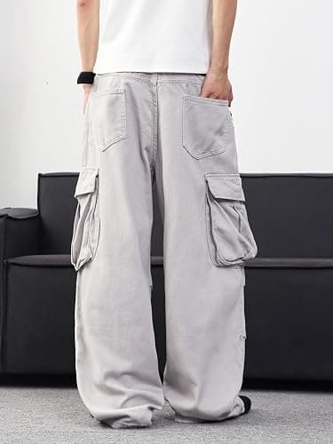 DFGIGT Mens Denim Baggy Pants with Cargo Pockets Mid Weight Casual Streetwear Wide Leg Jeans Hip Hop Skater Trousers thumbnail 5