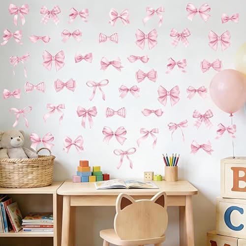 8Sheets 60Pcs Pink Bow Wall Stickers and Decals，Bow Wall Decor for Girls Room Coquette Decor Bow Wallpaper Peel and Stick for Kindergarten Nursery Bedroom thumbnail 5