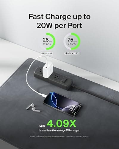 Belkin 40W Dual Port USB C Wall Charger Block - USB C Fast Charging for Apple iPhone, iPad, Samsung Galaxy Phone, & More - Programmable Power Supply Tech - Folding Prongs - White thumbnail 2