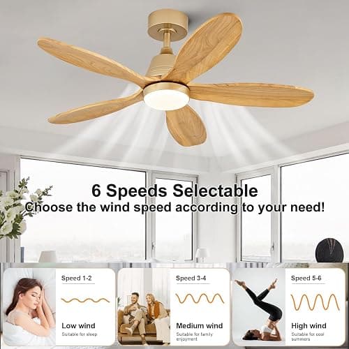 KENSID 42 Inch Wood Ceiling Fans with Lights and Remote, Modern Indoor Outdoor Ceiling Fan with Light for Patio Kitchen Dining Room, Dimmable, 5 Blades, Reversible DC Motor, Memory Function (Gold) thumbnail 5