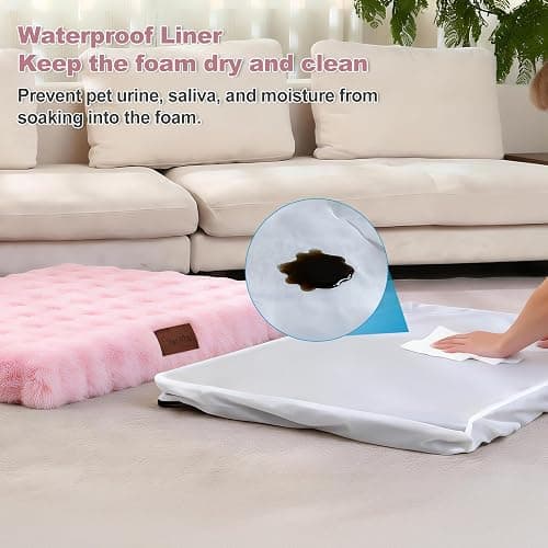 Vhen When Orthopedic Dog Beds for Medium Dogs, Fluffy Faux Rabbit Fur Pet Bed with Removable Washable Cover, Dog Bed Mat with Egg Crate Foam & Waterproof Lining, Anti Slip Bottom, Pink,30"x20"x3" thumbnail 6