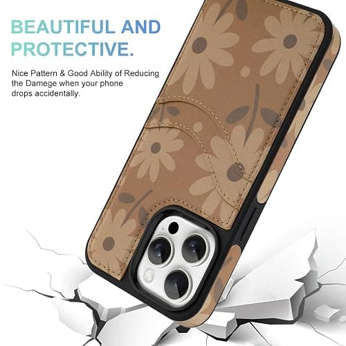 MOWIME Compatible with iPhone 15 Pro Max Wallet Case with Card Holder (2 Cards), Daisy Floral Shockproof Soft TPU Protective Cover Women Girls, Daisy Case for iPhone 15 Pro Max 6.7 Inch, Brown thumbnail 3