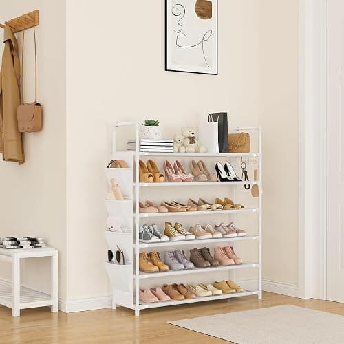 LANTEFUL 6 Tier Shoe Rack Storage for 24-30 Pairs Shoe and Boot, Shoe Organizer with Hook and Side Pocket Free Standing Long Shoe Shelf Tall Shoe Rack Organizer for Closet, Entryway, Dorm, White thumbnail 2