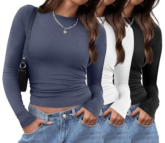 XIEERDUO Women's Long Sleeve Crew Neck Slim Fit T Shirts 2024 Y2k Clothes Basic Going Out Tops 3 Pack/2 Pack - Image 1