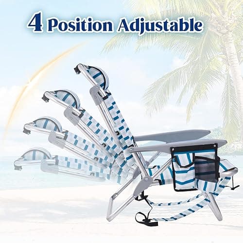 Canpsky 2 Pack Lightweight Portable Camping Beach Chair for Adults, Outdoor Lay Flat Folding Beach Chairs with 5 Positions, Backpack Beach Chair with Towel Bar, Zipper Pouch, Cup Holder, White Striped thumbnail 6
