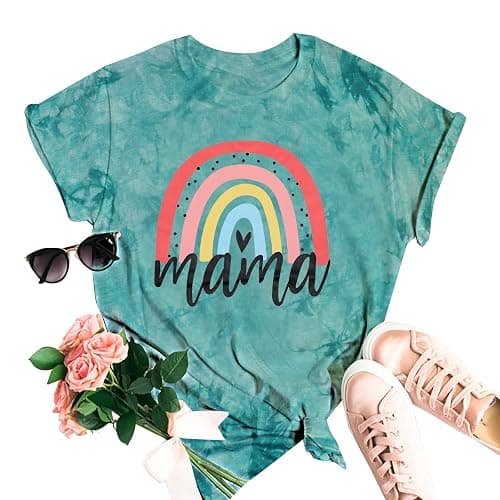 Mama Shirt Women Rainbow Shirts Mama Gifts Mom Tees | Mom Shirt Women Rainbow Mom Graphic Tshirts Rainbow Tie Dye Shirt Casual Bleached Tie Dye Tee Short Sleeve Tops - Image 1