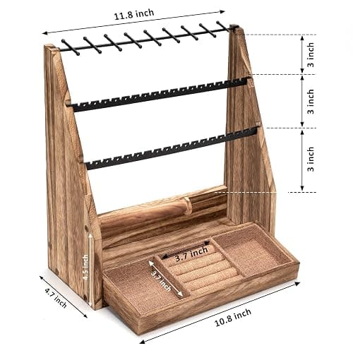 DGWJSU Jewelry Organizer Stand, 5 Layer Earring Holder Organizer with Necklace Holder, Rustic Wood Earring Organizer Display for Stud Earring Bracelet Necklace Ring, Watches thumbnail 3