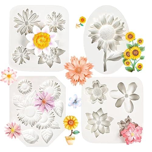 KALAIEN 4Pcs Sunflower Fondant Silicone Mold for Cake Topper Decoration Chocolate Candy Sugar DIY Craft Gum Paste - Image 1