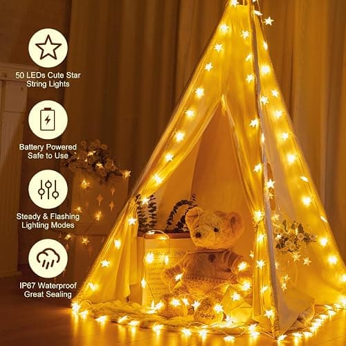 Minetom Star String Lights Battery Operated - 17 ft 50 LED Star Fairy String Lights with Timer, Waterproof for Indoor Bedroom Tent Loft Bed Patio Party Wedding Decor, Warm White thumbnail 4