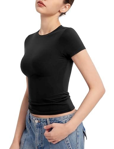 PUMIEY Women's Crew Neck Short Sleeve Tops Double Lined Slim Fit T Shirts Basic Tee Smoke Cloud Pro Collection thumbnail 2
