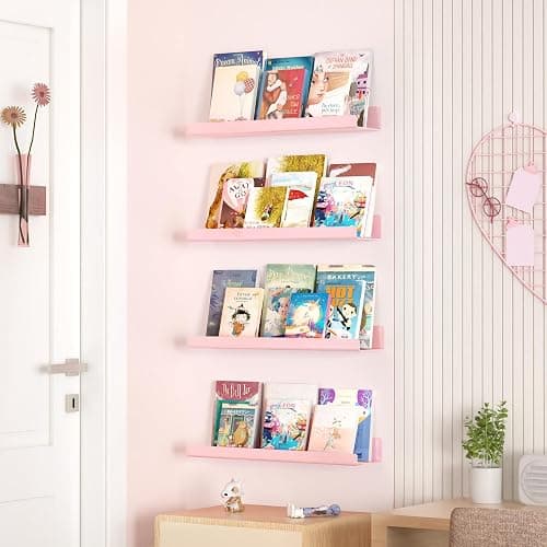 upsimples Acrylic Shelves for Wall Decor, 15" Display Shelf Perfume Organizer for Bathroom, Bedroom, Living Room, Floating Bookshelves for Kids, Pink, 4 Pack thumbnail 4