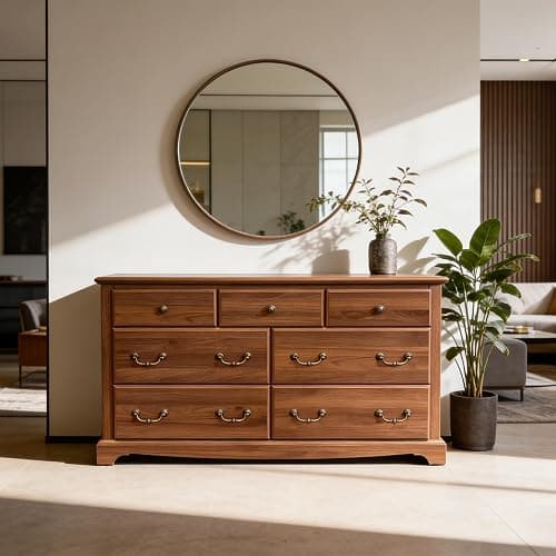 T4TREAM 54" Wide 7 Drawers Dresser Chests for Living Room, Light Walnut | Vintage handle Farmhouse Wood Storage Organizer Bedroom,Hallway thumbnail 6
