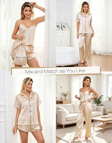 SAPJON Silk Satin Pajamas for Women 5Pcs Soft Pjs Camisole Sleepwear Sets | Cute Button Up Lounge Set, Short Sleeve, Adjustable Shoulder Straps, Side Split Shorts, Long Pants, Comfy Bridal Gifts thumbnail 4