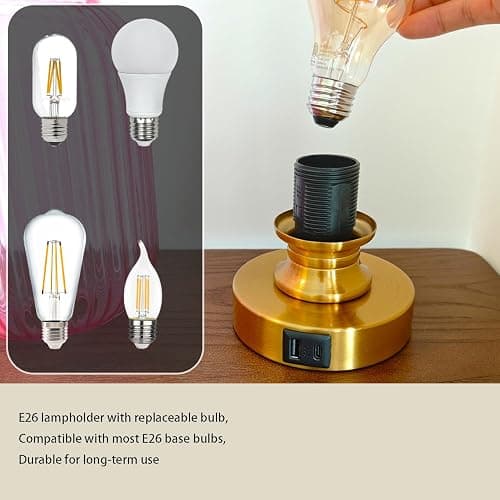 MAINDECO Mid Century Glass Table Lamp,Dimmable Desk Lamp,LED Bulb Included,Touch Control & USB A+C Port,Pink Ribbed Glass thumbnail 7
