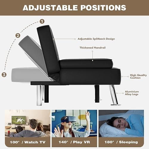 OKWF Futon Sofa Bed, Leather Futon Couch with Removable Armrests, Adjustable Recliner Sleeper Sofa Bed with Dual Cup Holders for Living Room, Apartment, Office (Black), 30.7 x 65 x 28 thumbnail 5