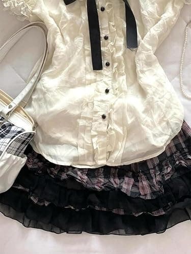 Wayolyn Lolita Shirts Kawaii Cute Clothes Blouse Lace Short Jirai Kei Fashion Puff Sleeve Shirt Ruffle Top with Bow Cutecore - Medium - White thumbnail 4
