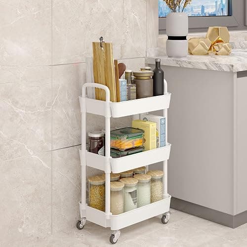 UDEAR 3-Tier Kitchen Rolling Utility Cart,Multifunction Storage Organizer with Handle and 2 Lockable Wheels for Kitchen,Bathroom,Living Room,Office,White - 3-Tier - White thumbnail 2