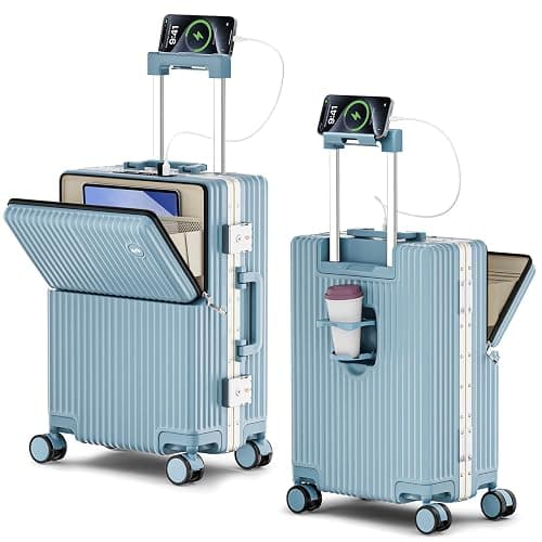 Carry On Luggage Front Pocket,Aluminum Frame Hardside Suitcase,GrayBlue | Zipperless Suitcase,22x14x9 Airline Approved,Cup and Phone Holder,USB Charger,Spinner Wheels,TSA Lock,Business Weekend Trips - Image 1