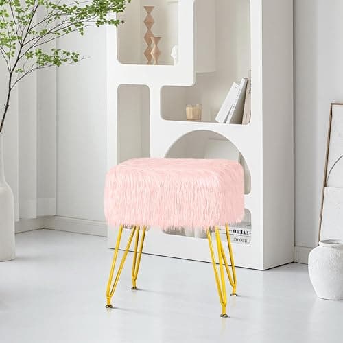MOOWIND Vanity Stool Chair with Storage, Soft Ottoman Seat Vanity Stool with Anti-Slip Feet, Fluffy Padded Seat Multifunctional Footrest Side Table with 4 Metal Legs for Makeup, Bedroom, Pink thumbnail 9