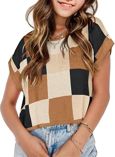 Girls Crop Sweater Tops School Picture Outfits Fashion Summer Fall Cute Cap Sleeve Colorblock Loose Teen Top - Image 1