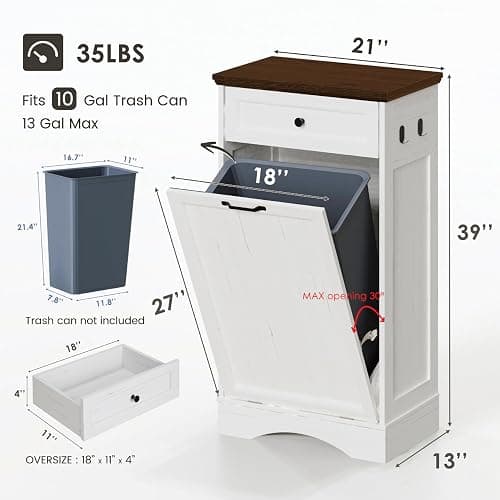 NEWOWNDS Tilt Out Trash Can Cabinet 13 Gallon Hidden Trash Garbage Can Cabinet with Drawer,Waterproof Cutting Board,Pet Proof Hidden Garbage,Laundry Bathroom, White thumbnail 2