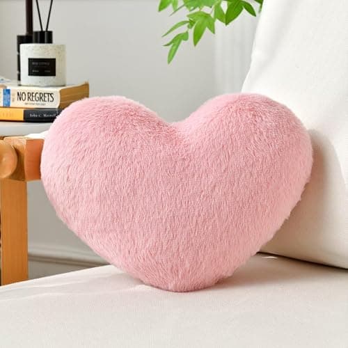 IREMATE Heart Pillow Pink Throw Pillows Decorative Pillows for Bed Couch Cute Faux Rabbit Fur Small Pillow for Women Valentine Anniversary Fall Halloween Christmas Home Decor (Mini, 13"x10") - Image 1