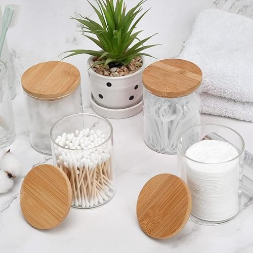 BKYFPQ 4 Pack Glass Qtip Holder Dispenser Set - Apothecary Jars with Lids for Vanity Makeup Organizer - Bathroom Canister Storage Organizer for Cotton Ball,Swab,Round Pads,Floss - 4pcs thumbnail 4