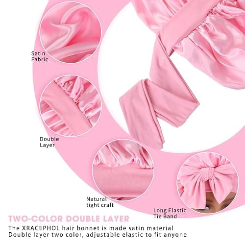 Silk Double Layer Satin Hair Bonnet with Elastic Tie Band for Curly Hair - Adjustable, Pink thumbnail 3