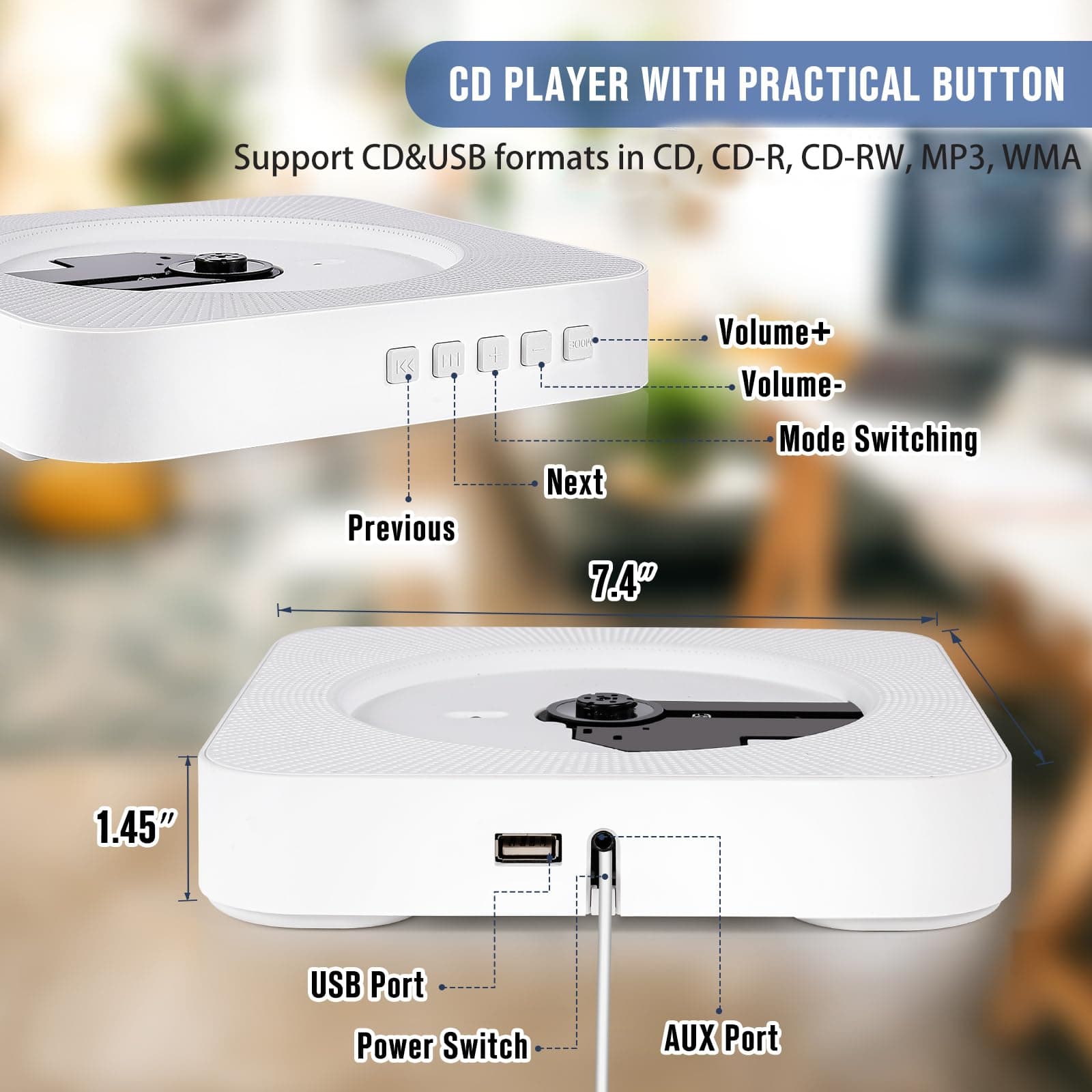 SHIWAKOTO Bluetooth CD Player, FM Radio CD Players with HiFi Speakers, Wall Mountable CD Player with Rack, Home CD Players Supports FM, USB Port, AUX in/Output, Portable Audio Music Player for Kids thumbnail 5