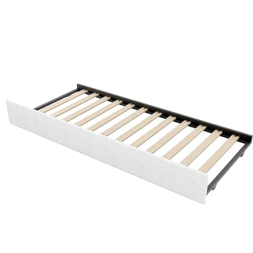 Upholstered Corner Day Bed Frame with Trundle, Footstool and Drawers, Beige | Modern floor upholstery daybed with l shape button tufted headboard, bookshelf, charging station and LED light thumbnail 7