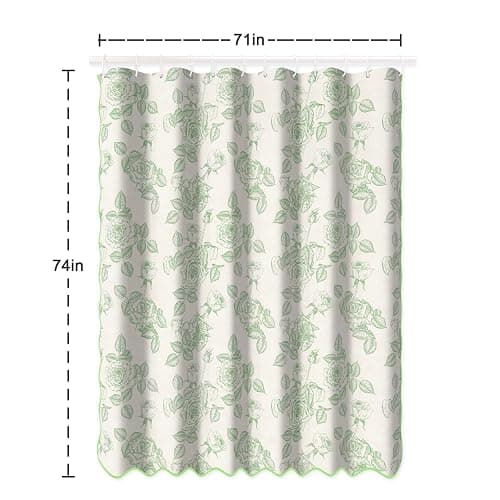 NAEMBCU Floral Scalloped Shower Curtain with 12 Hooks 71x74Inches - Green Flower Rose Pattern, Waterproof Fabric Bath Curtain for Modern, Farmhouse and Elegant Bathrooms Decor thumbnail 2