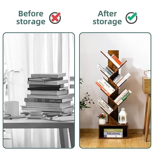 Yoobure Tree Bookshelf - 6 Shelf Retro Floor Standing Bookcase, Tall Wood Book Storage Rack for CDs/Movies/Books, Utility Book Organizer Shelves for Bedroom, Living Room, Home Office, Rustic Brown thumbnail 6