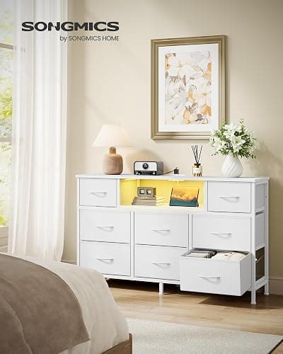 SONGMICS Dresser for Bedroom with Outlets & LED Lights, 8 Fabric Drawers | TV Stand for TVs Up to 55 Inches, Chest of Drawers with Steel Frame, Cloud White, BELLAH Collection ULGS433WH02S thumbnail 2