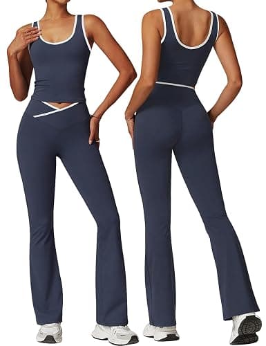OLCHEE Womens Workout Sets 2 Piece Gym Yoga Outfits Crossover Flare Leggings Crop Tank Top with Contrast Trim - Image 1