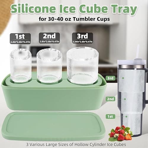 Tcamp Ice Mold for Stanley Cup 30-40 oz Tumbler Cup Ice Mold, Silicone Ice Cube Tray With Lid and Bin for Chilling Cocktails, Whiskey, Drinks, Coffee, Easy Fill and Release Ice Maker (Green) thumbnail 3